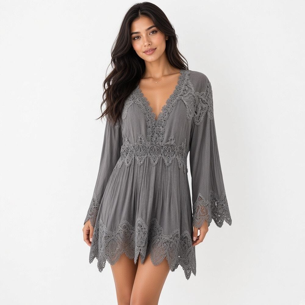 POL Gray Lace Crochet Bell Sleeve Boho Tunic Mini Dress Medium Fairy Ethereal